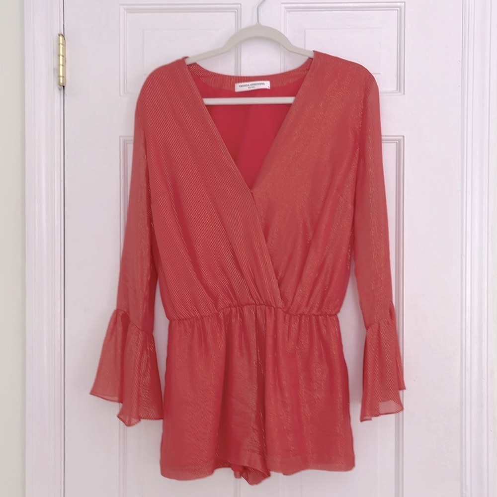 AMANDA UPRICHARD Coral Romper w/Shimmery Gold Pinstripes - Size MEDIUM